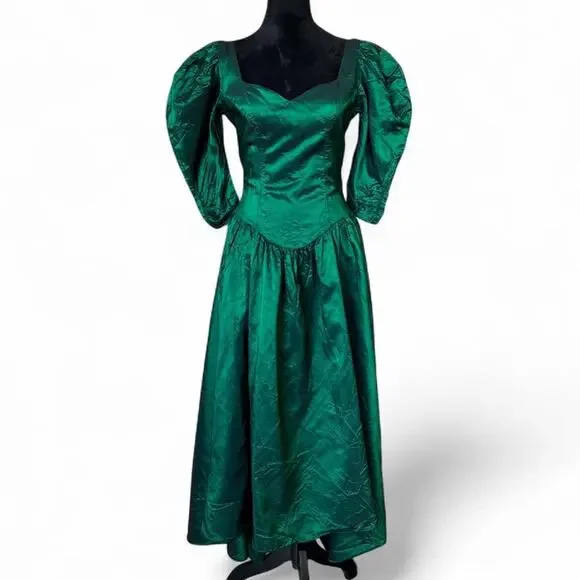 80s Emerald Green Taffeta Dress – Whimsygoth Puff Sleeve Midi S - Picture 4 of 8